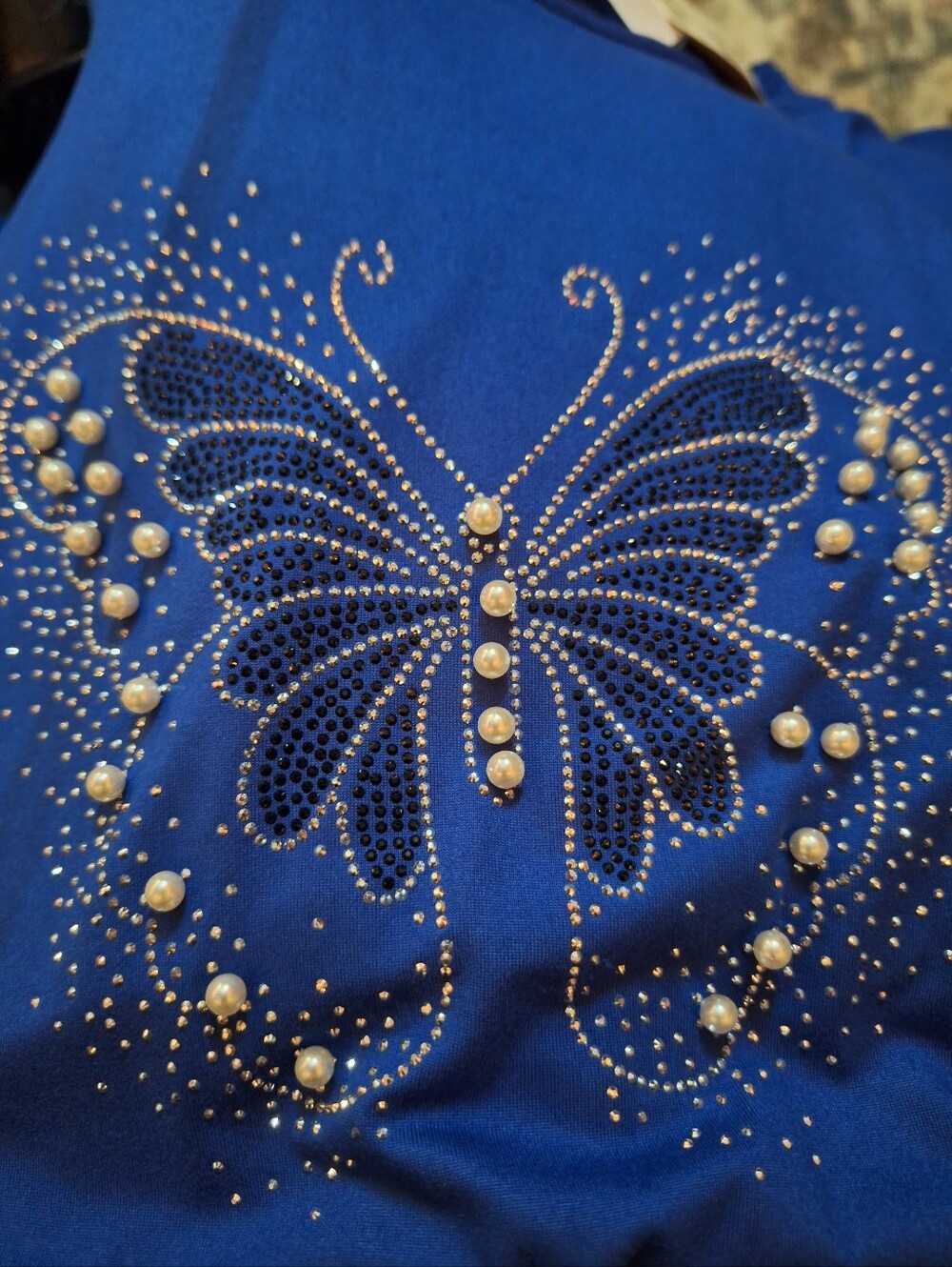 Buzz L Blue Butterfly Rhinestone & Pearl Embellished Top - Picture 2 of 2